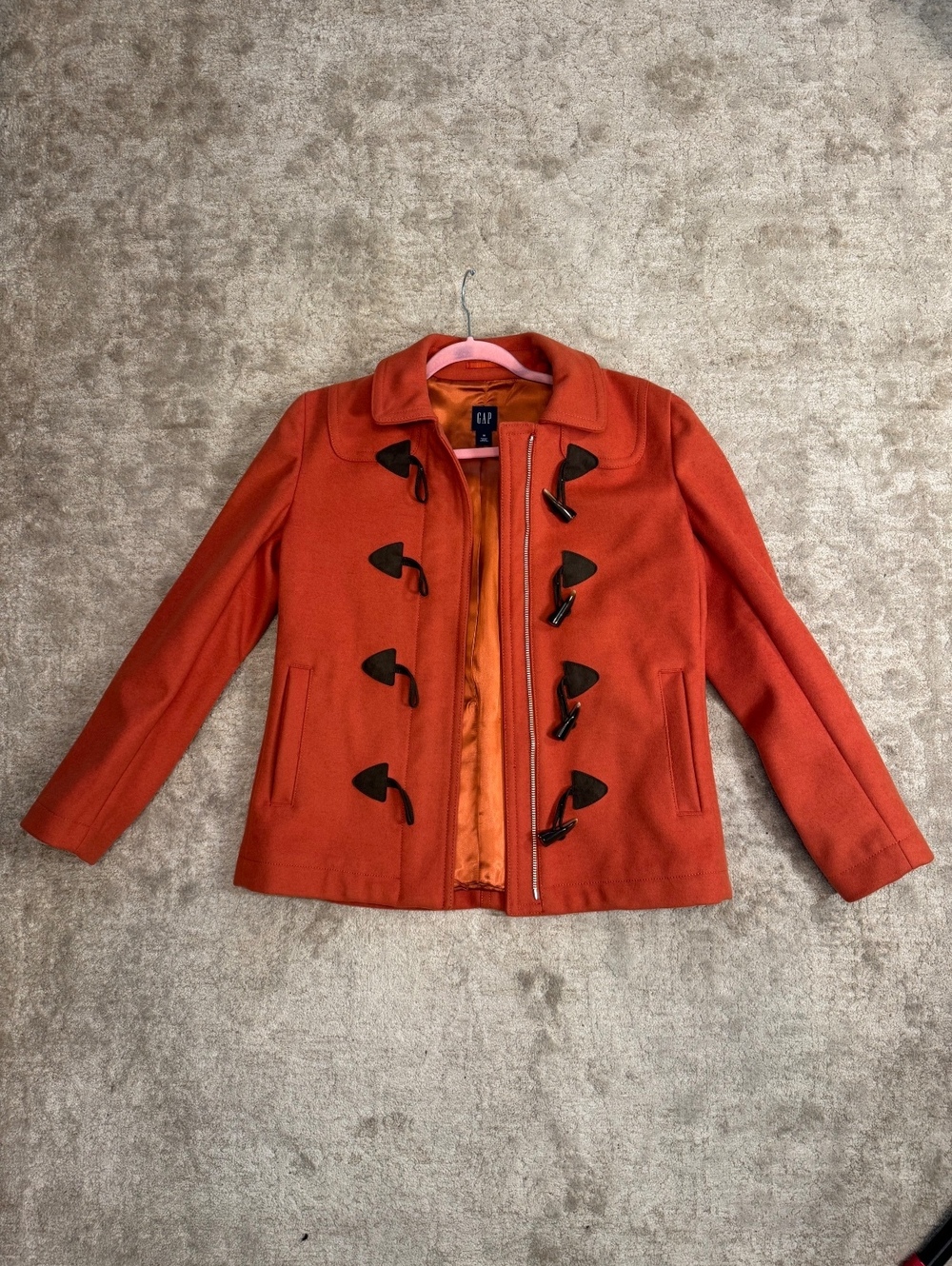 Gap Womens M Wool Blend Toggle Duffle Coat Burnt Orange Zip Lined